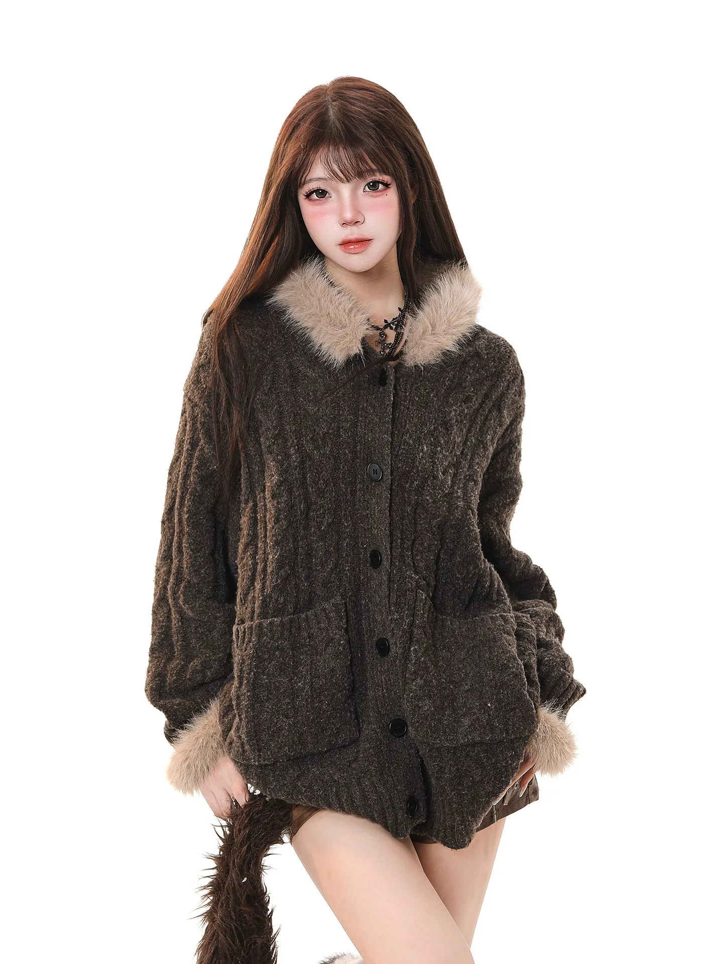 

Korean Lazy Sle Women's Open Cardigan Sweater Loose Casual Knitted Coat with Fur Collar Autumn Winter New Arrival