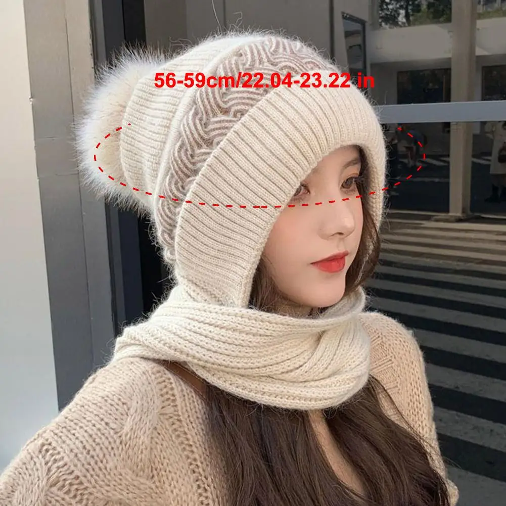 Korean Sweet 2-in-1 Hat Scarf Set Female Winter Warm Rabbit Hair Knitted Cap Cycling Ear Protection Padded Cold-proof Neck Cap