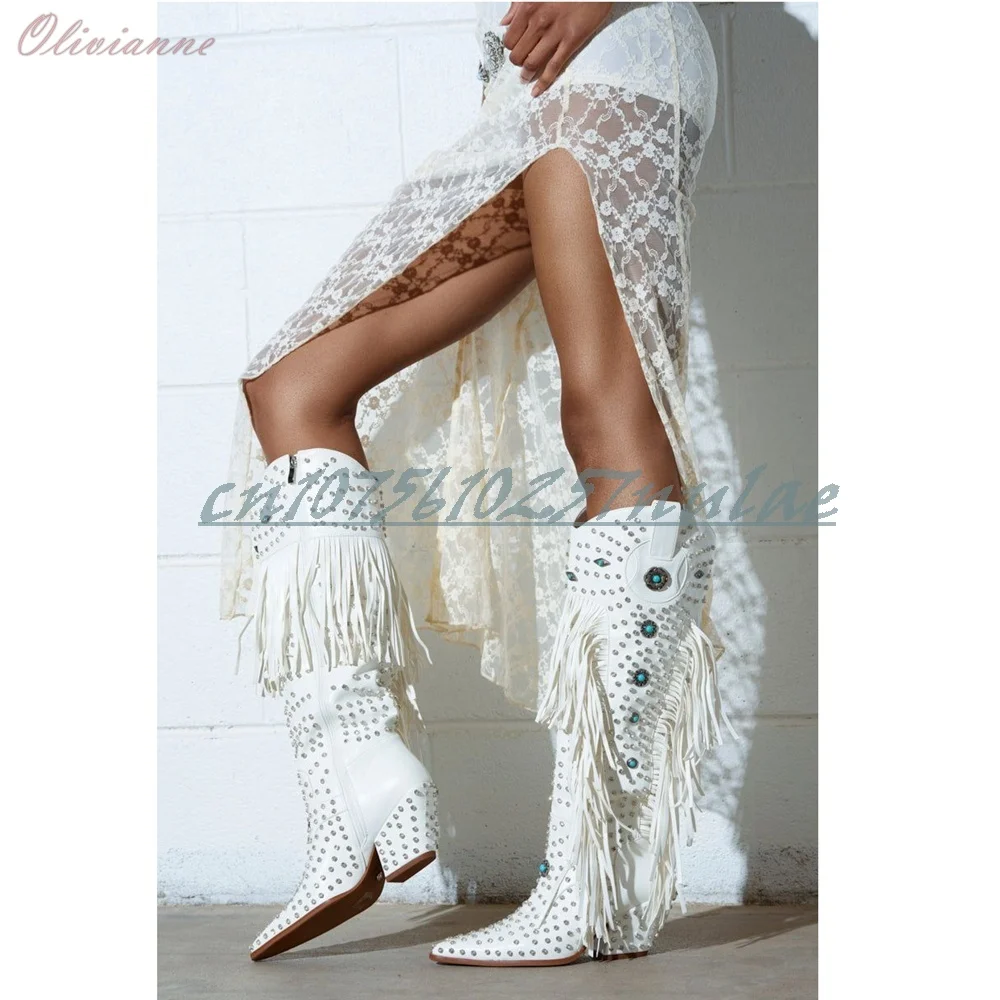 화이트 크리스탈 장식 태슬 장식 미드 카프 부츠 웨스턴 스타일 부츠 청키 하이힐 패션 여성 신발 파라 무헤레