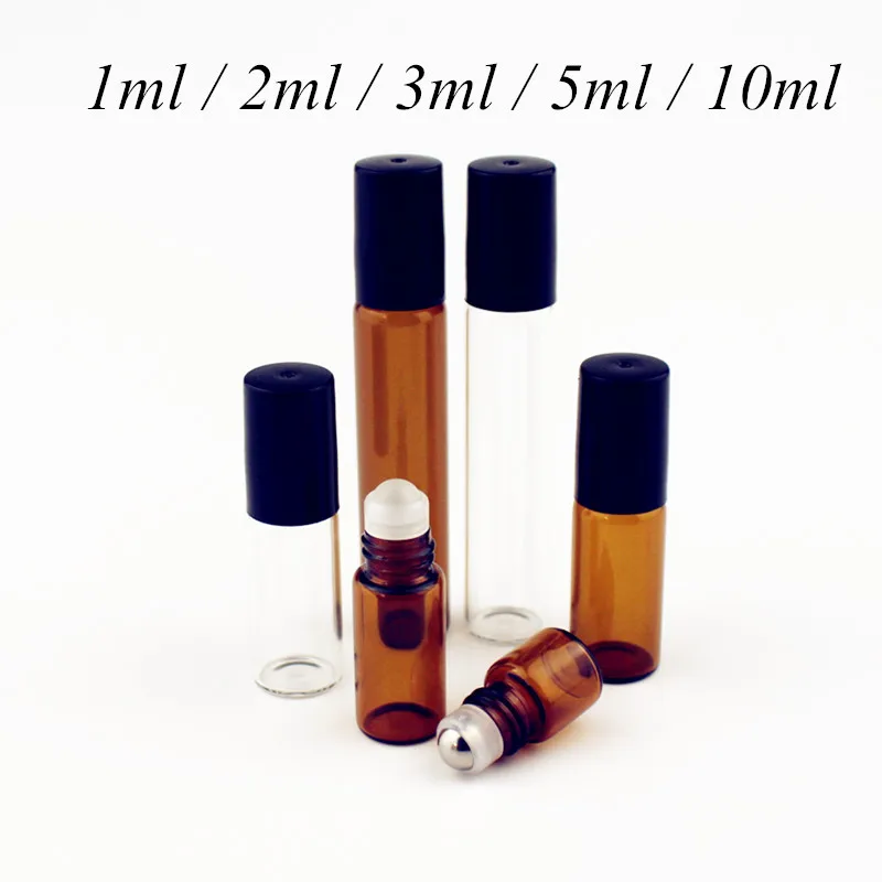 5PC/Pack 1ml 2ml 3ml 5ml 10ml Amber Thin Glass Roll on Bottle Sample Test Essential Oil Vials with Roller Metal /Glass Ball