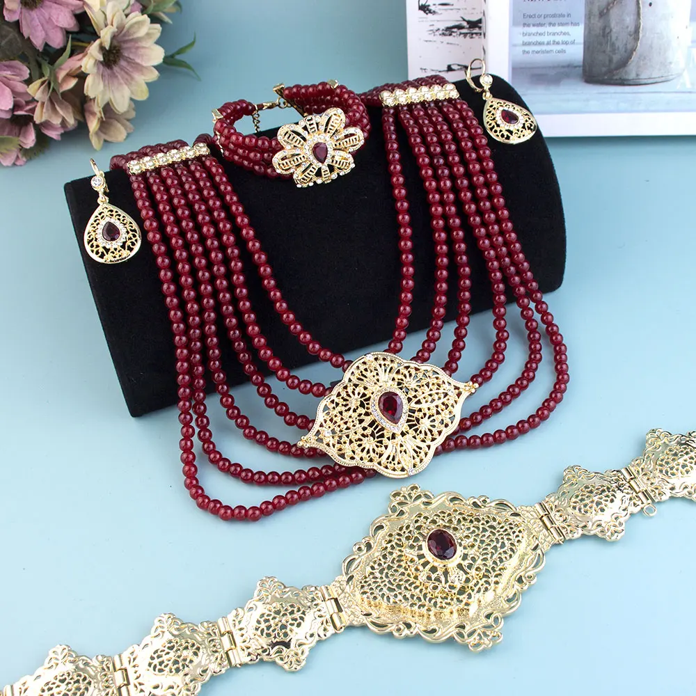 Sunspicems Morocco Belt Beads Necklace Bracelet Earring Bride Wedding Jewelry Sets Gold Color Arabic Kaftan Waist Chain Belt