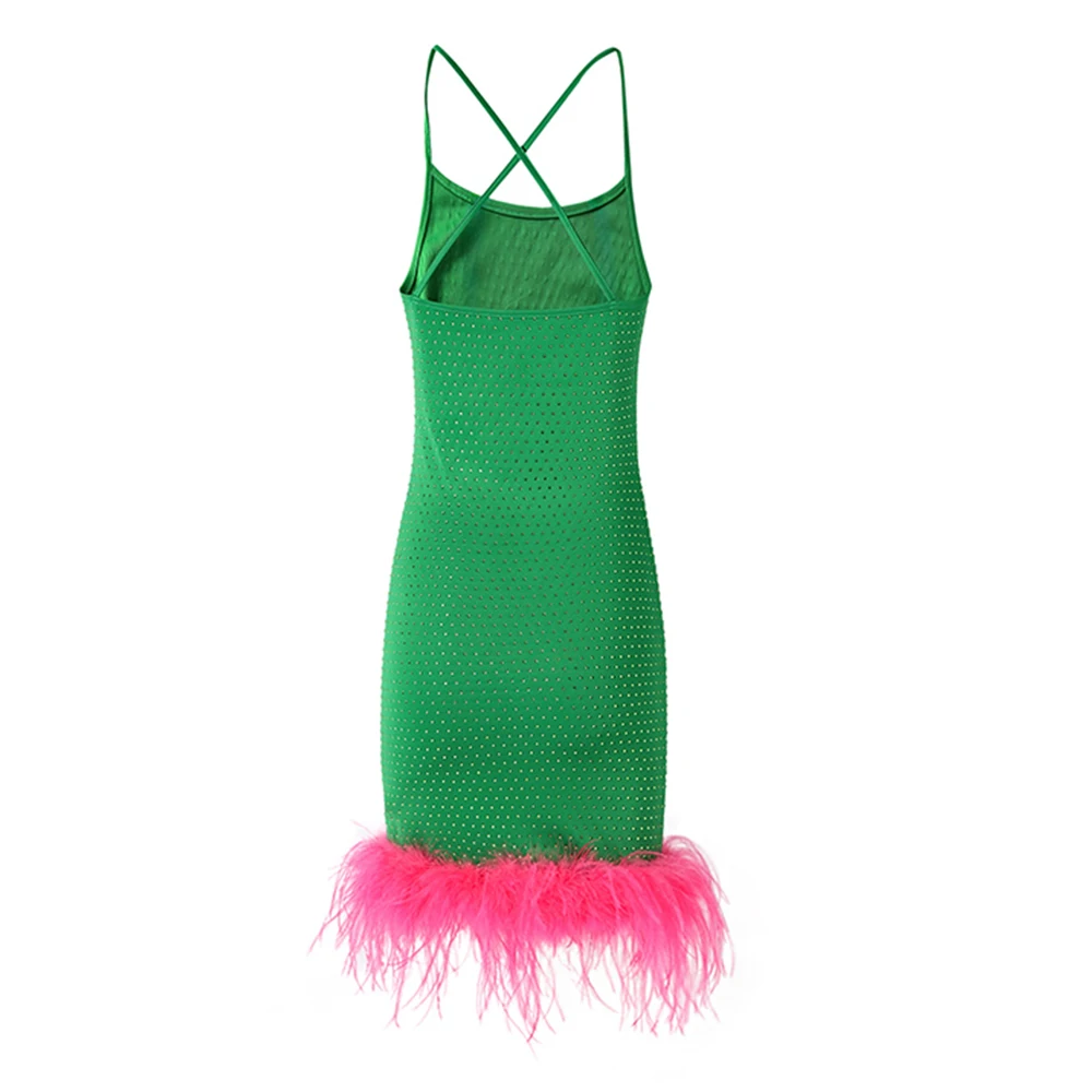 Fashion Hot Fix Rhinestones Feather Patchwork Sleeveless Backless Summer Women Bodycon Slim Dress