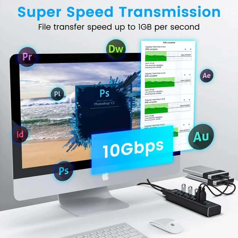 Imagem -03 - Rshtech Usb Hub 10 Portas Usb 3.2 Gen Expansor 10gbps 36w 12v 3a Adaptador de Alimentação Alumínio Usb c Hubs Divisor para Computador Portátil