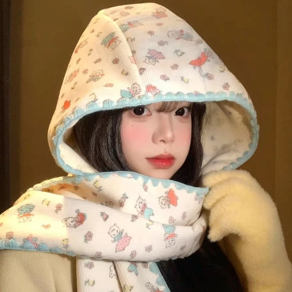 Double-Sided Winter Scarf Hat Warm Thick Hooded Earmuffs Scarf Floral Print Convertible Two-In-One Hat Scarf Daily Wear