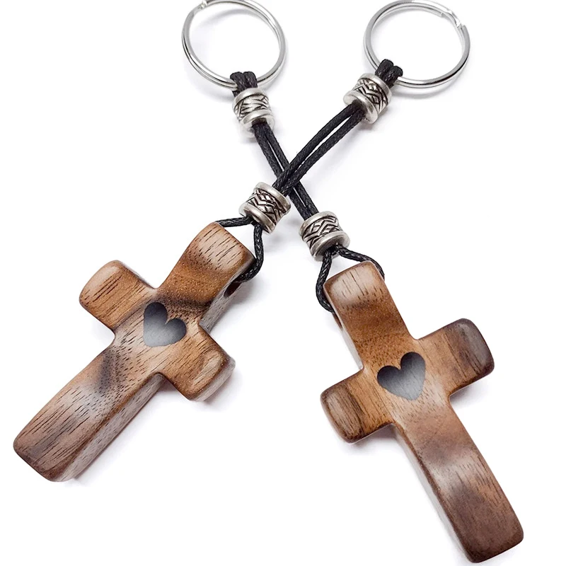 1pc Artisanal Walnut Wood Cross Keychain Handheld Wooden Cross Key Chain Fingertip Stress Relief Gifts Pocket Small Cross