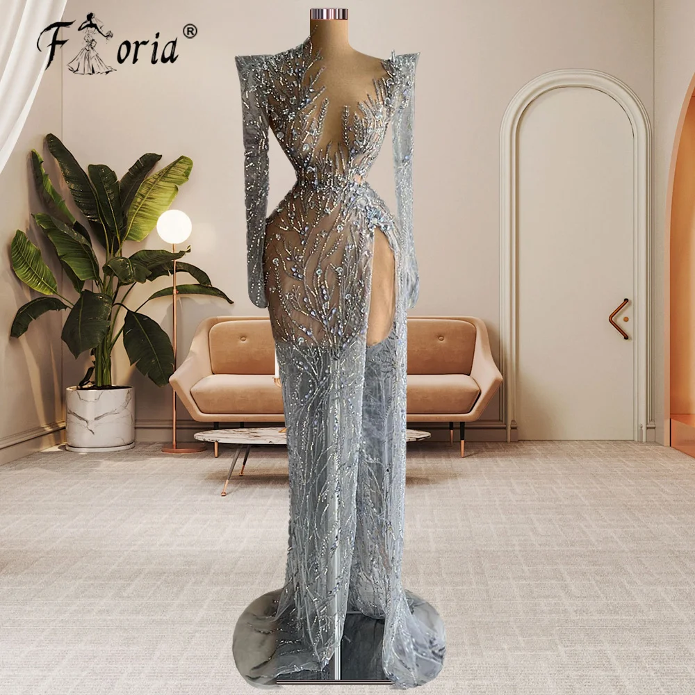 Elegant Volledige Crystal Staaflijst Avondjurken Sheer Hals Sexy Slit Celebrity Formele Gelegenheid Prom Toga Robes De Soiree