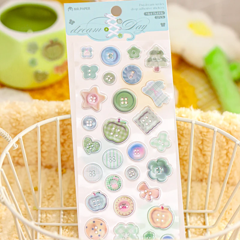 Mr.Paper 2 Packs Epoxy Resin Stickers Cute Cartoon Button Shape 3D Decals DIY for Journal Phone Case Scrapbook Collage view 3