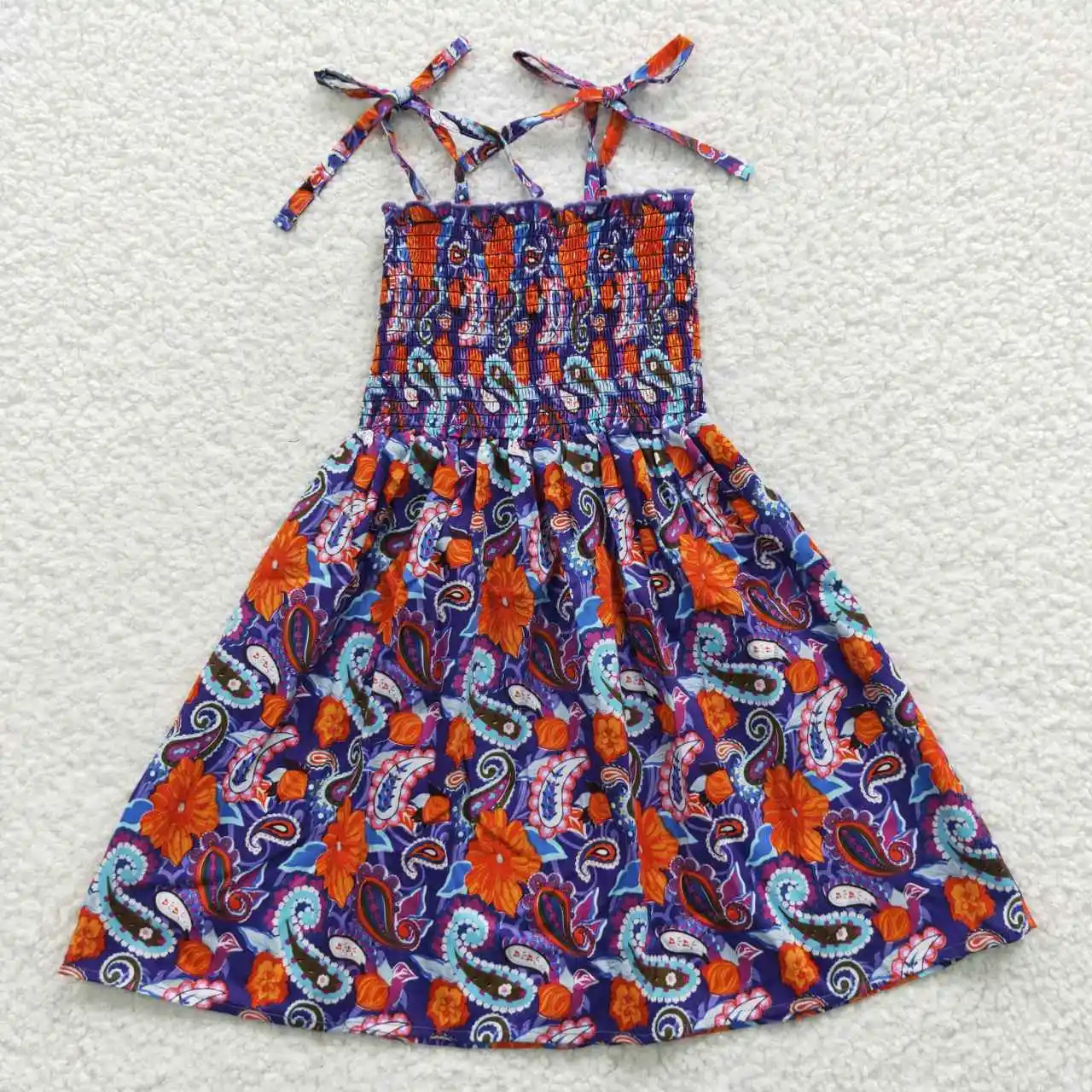 GSD0405 Baby Girls Clothes Navy Blue Orange Flower Elastic Suspender Dress Print Popular Summer Boutique