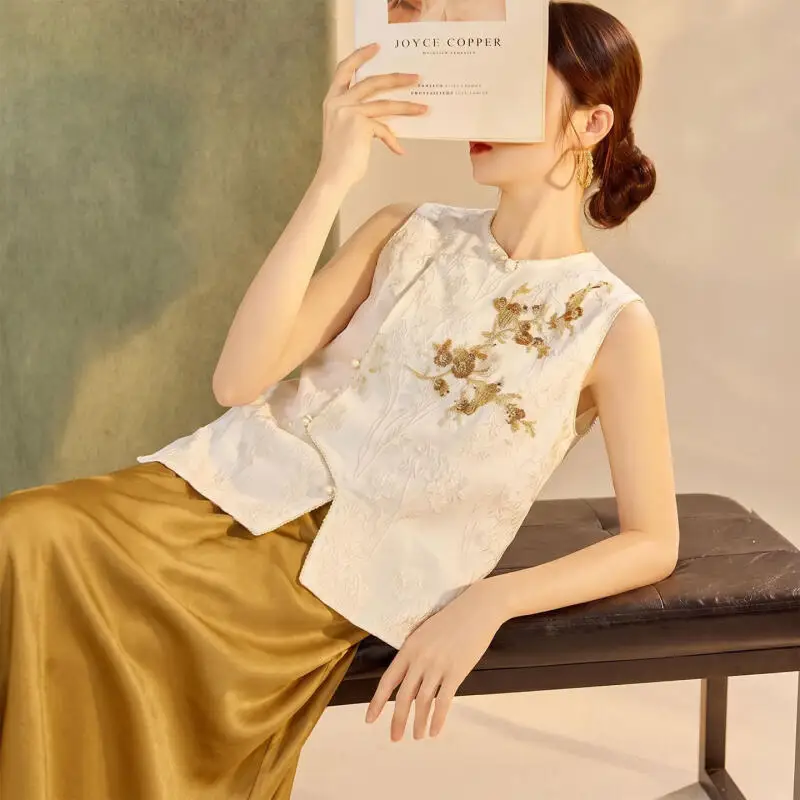 

White Woman Embroidery Flower Qipao Waistcoat Vintage Button High Quality Tang Clothes Jacket Elegant Hanfu Chinese Style Tops