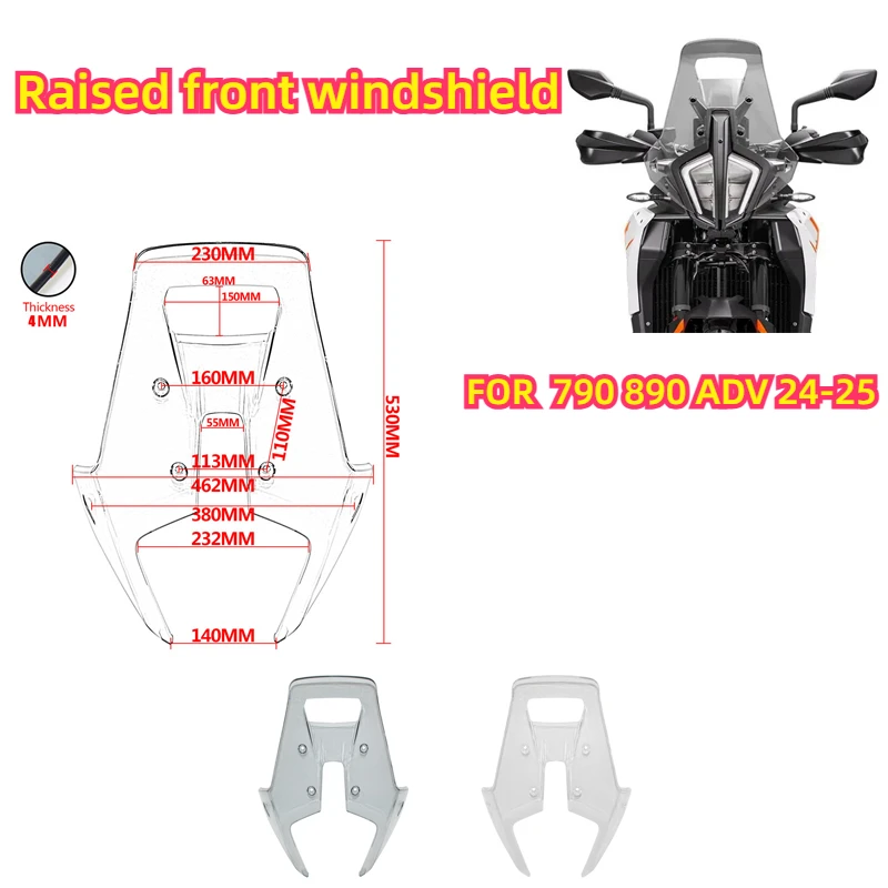 

For 790 890 ADV 2024-2025 Motorcycle Heightened Windshield Front Windscreen Wind Deflector Visor