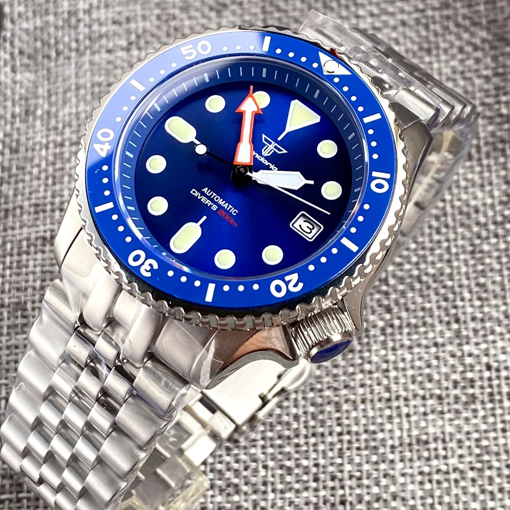 Imagem -05 - Relógio de Mergulho Mecânico para Homens Moldura Azul Mão Laranja Modelo Skx 3.8 Crown Nh35 Movt 120 200m Relógio à Prova Dágua Tandorio-nh35a