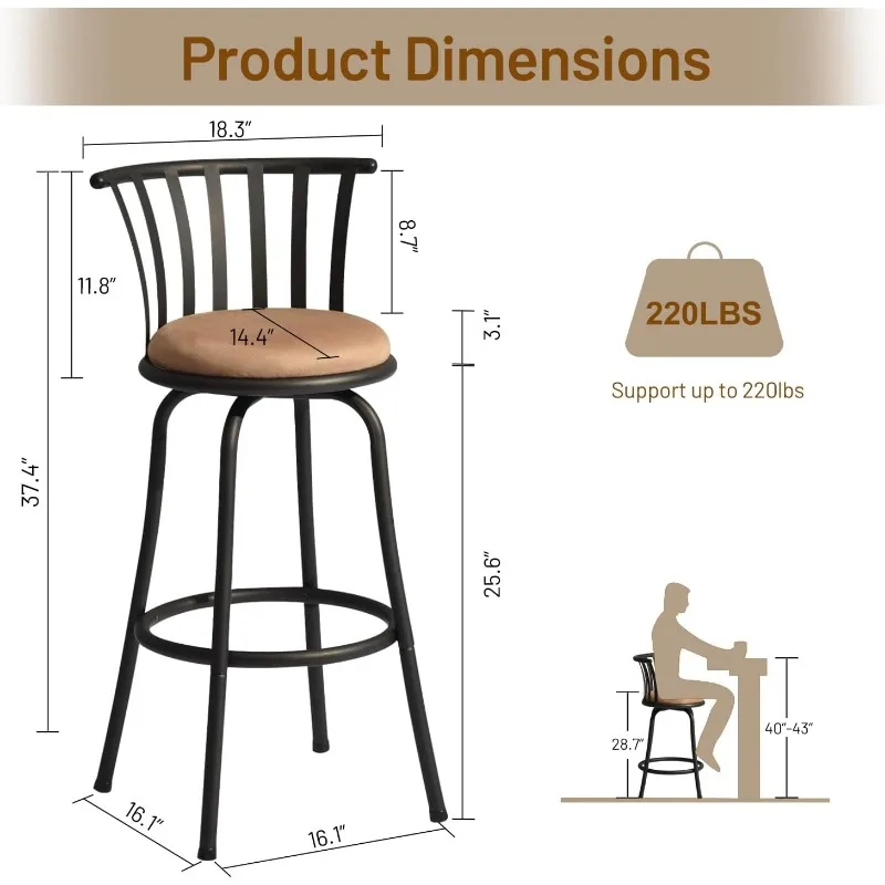 Barkrukken Set Van 2, Country Stijl Barstoelen Met Rugleuning En Voetsteun Draaibare Aanrechthoogte Barkrukken Voor Keuken Eiland Pub