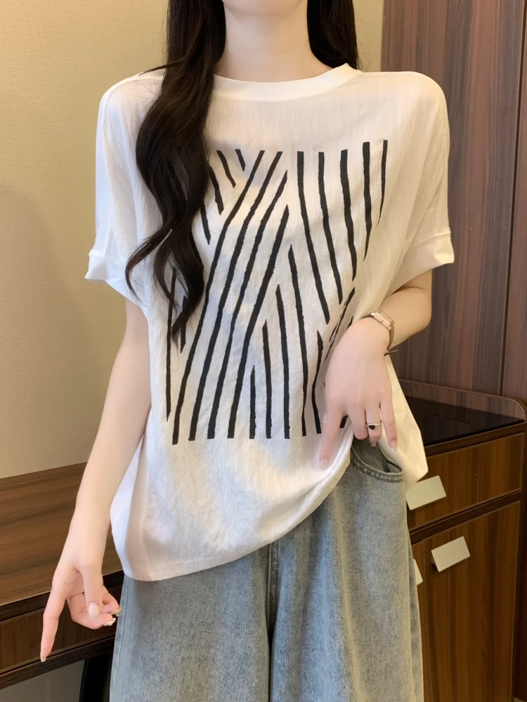 American Style Ice Silk Short Sleeve T-Shirt Women's plus Size Summer Slimming Top Cover Belly Conceal Meat Upper Body