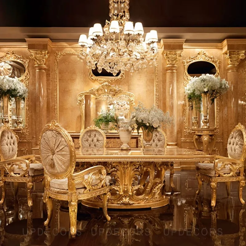 European Royal Family Classic Dining Table with Armchair Antique Gold Leaf Solid Wood Dining Room Furniture Set