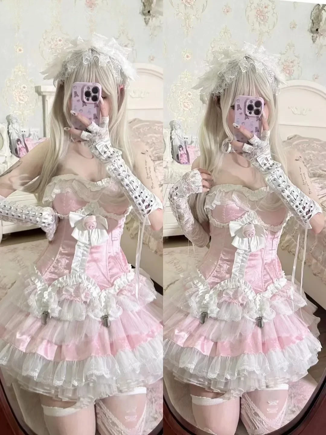 

Multi-layer Skirt Y2K OutfitsUniform Party Girdle Women's Rose Lace Corset 2-Piece Set Sweet Velvet Bow Subculture Skirt Sets