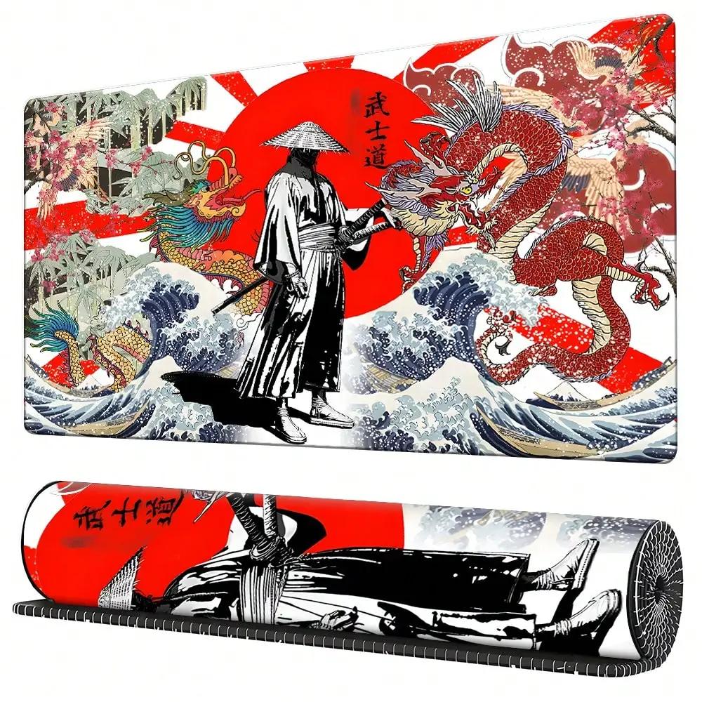 1pc Red Sun Wave Samurai Dragon Mouse Pad, Japanese Ukiyo-E Style Art Large Office Mouse Pad - Extra Long Red Sun Sea Wave Colorful Dragon Bamboo Hat Samurai