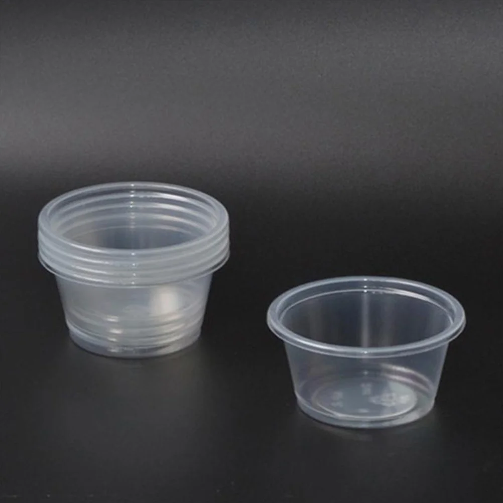 

100 шт., прозрачные пластиковые порционные чашки для соуса, одноразовые контейнеры для приправ с крышками, термостойкие для вечерние десертов