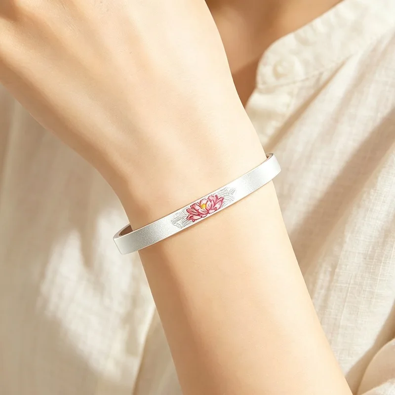 Enamel Pink Lotus Flower Elegant Chinese Style 925 Sterling Silver Resizable Opening Bracelet For Women Fine Bangle BR405