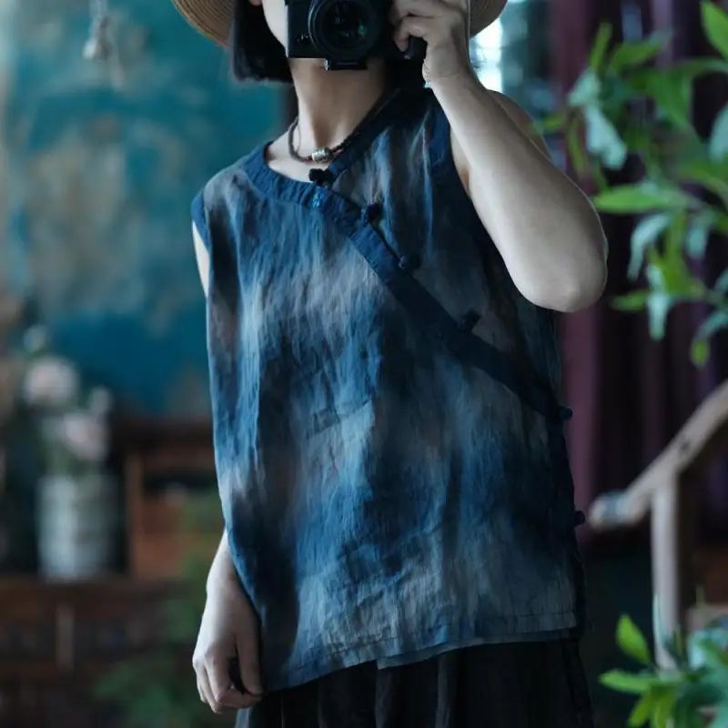 New Arrival Summer Arts Style Women Sleeveless Loose Tie Dye Tank Tops Good Quality Cotton Linen Vintage Single-breasted Vest