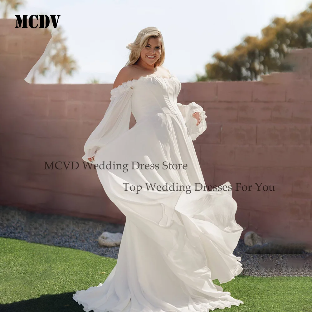 

Civil Plus Size Wedding Dresses Puff Sleeve Flowers Sweetheart Chiffon Vestido Novia Split A-Line Boho Bride Gowns Customized