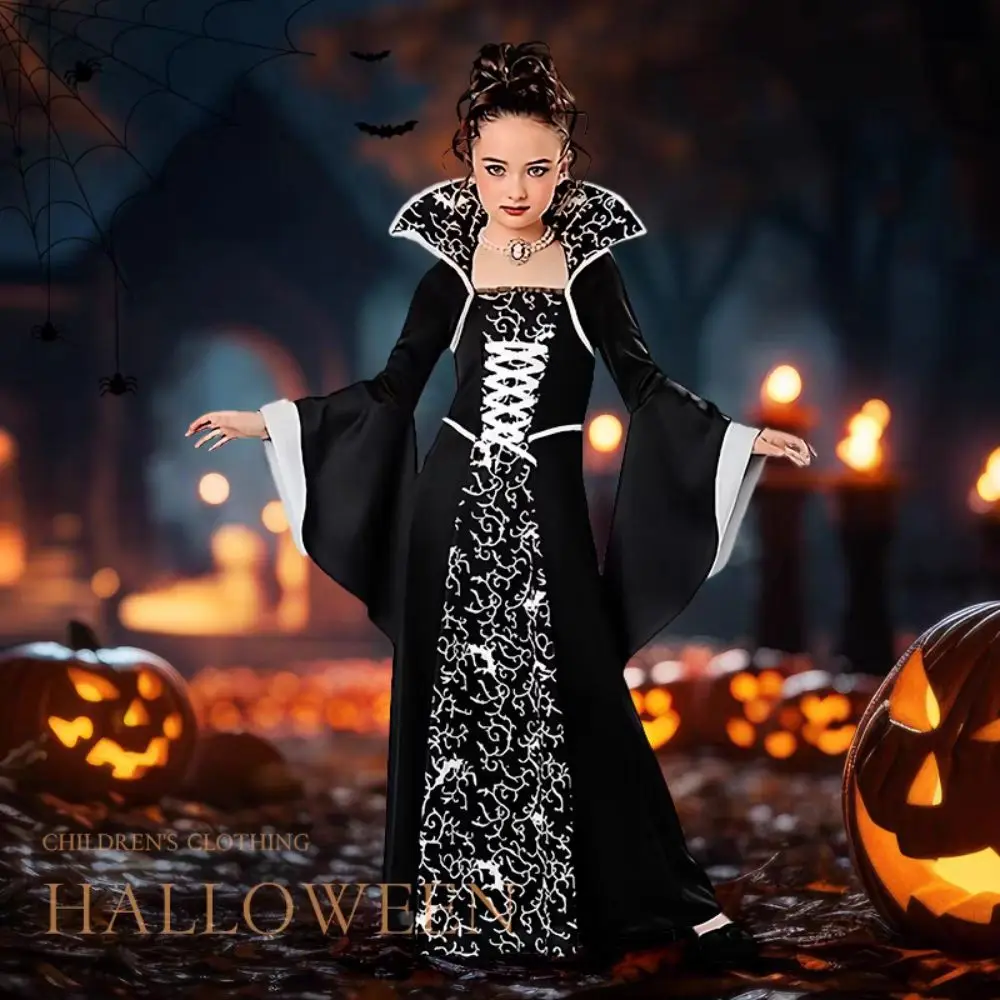 Stehkragen Halloween Kleidung Glockenärmel Schnürung Halloween Hexe Langes Kleid Party Lustiges Kinder Mittelalterliches bedrucktes Kleid
