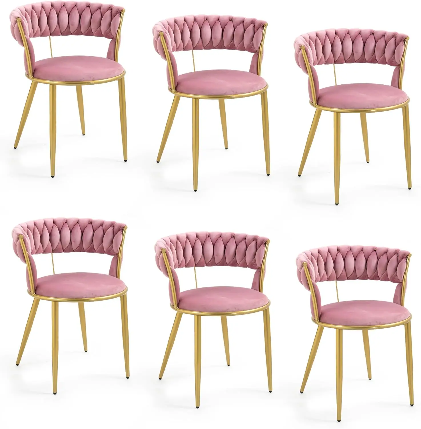 

TIANSHU Velvet Dining Chair Set of 6, Tufted Chair with Woven Backrest, Accent Chair with Gold Metal Legs, Modern Decorative