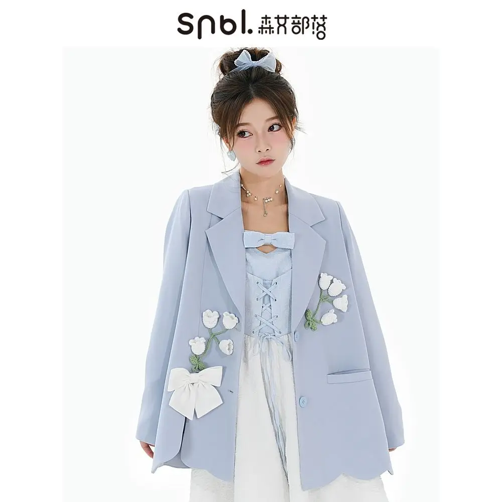 Sweet Blue Flower Suit Suit Coat Women Spring Autumn New 2023 Fashion Casual Coat