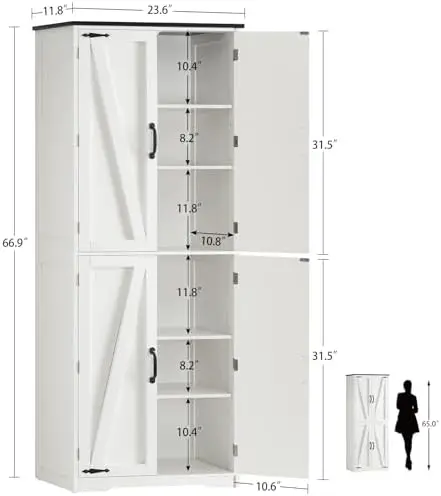 Tall Pantry Cabinet, Kitchen Cabinet with 4 Shelves, Adjustable Shelves, Pantry Cabinets with 4 Barn Doors, Tall