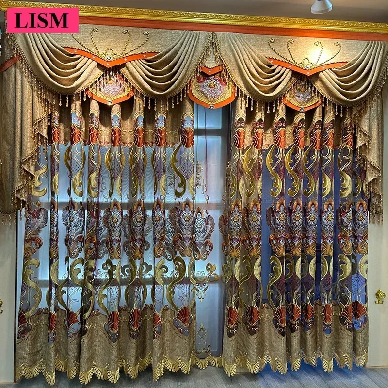 

High-end Hollow Embroidery Curtains For Living Room Bedroom European Luxury Chenille American Valance Decor Custom Coffee Tulle