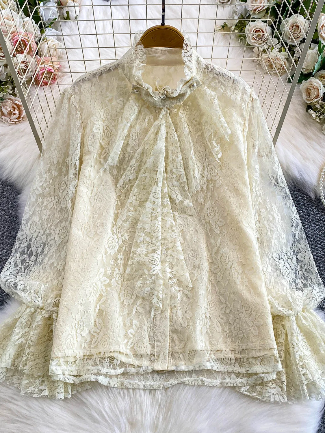 لطيف نسيم الوردي الدانتيل الوقوف طوق جرس Sve irt المرأة الخريف الشتاء تنوعا الشباب هملين الأعلى الفرنسية Sle Loos...