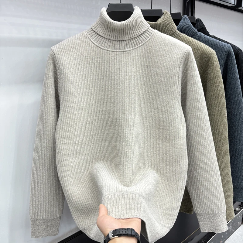 

Мужской утолщенный свитер с высоким воротником, флисовой подкладкой, зимняя теплая основа, трикотажная рубашка с длинными рукавами, повседневный пуловер