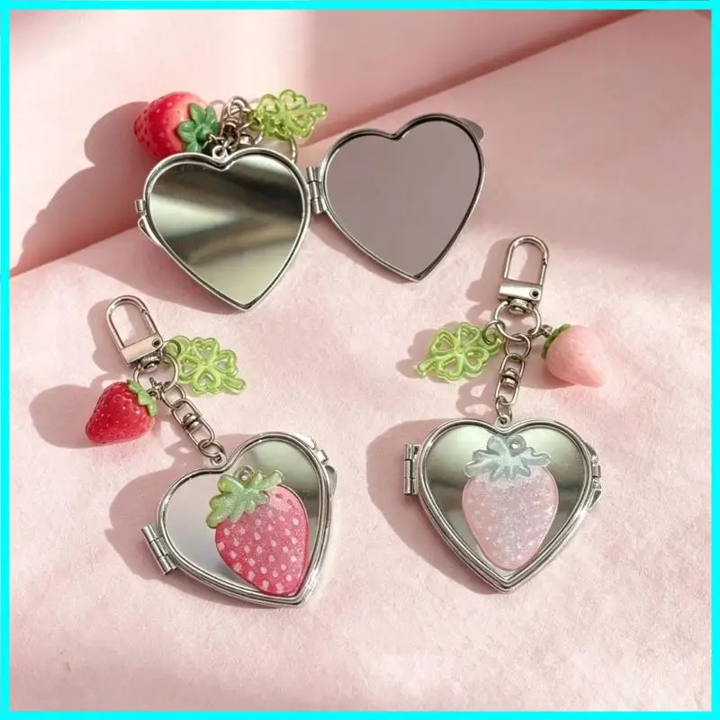 New Strawberry Acrylic Keychain Pendant Heart Design Folding Makeup mirror Keychain Decorative ​for Women Bag Backpack