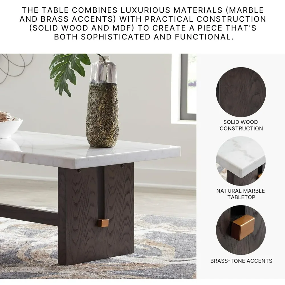 Ashley Burkhaus Signature Mesa de centro retangular tradicional com tampo de mármore em acabamento marrom escuro e branco