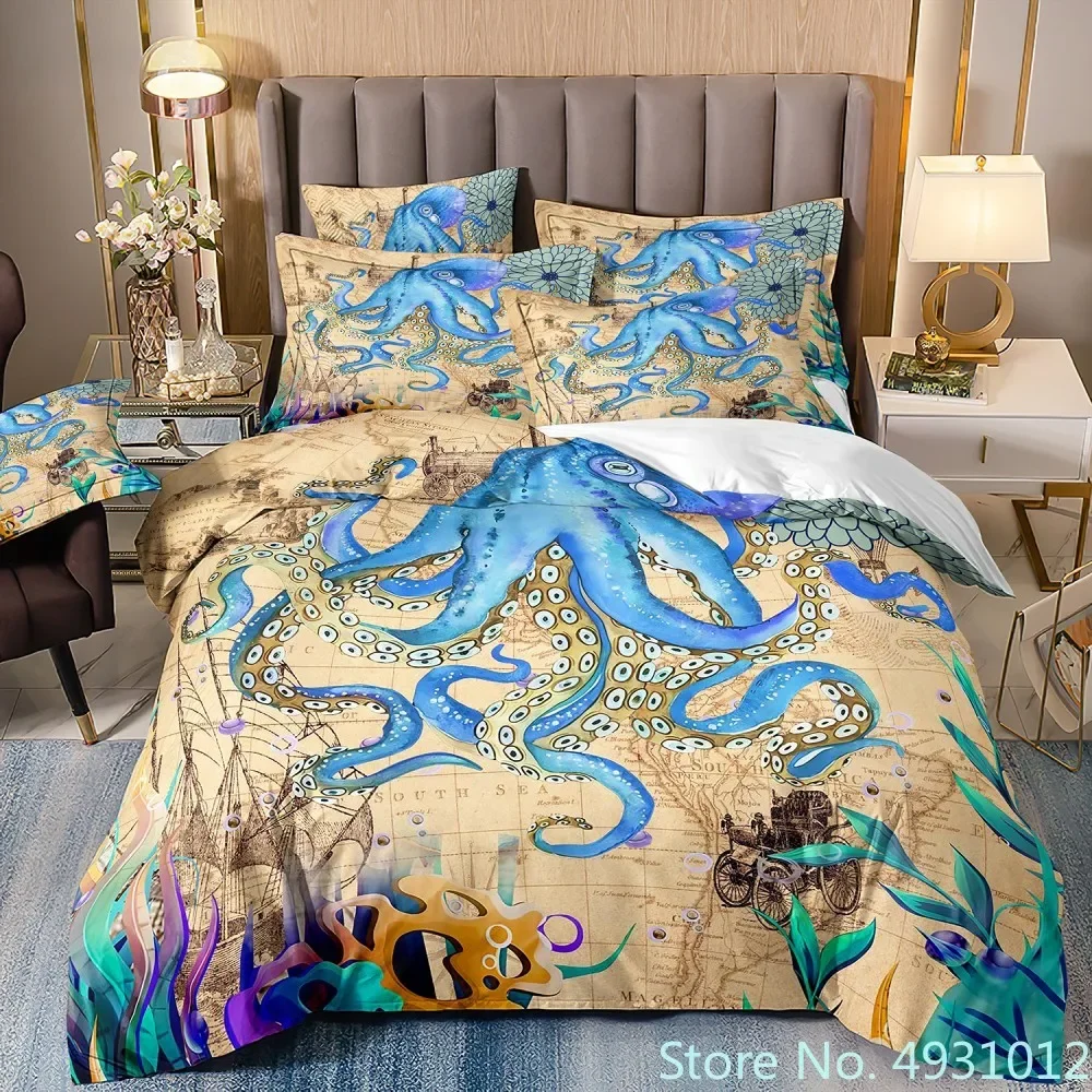 Cozy Bedding Set with Whale Octopus Marine Animals Themed 3D Duvet Cover for Child Kids Teens Adult Home Textile Quilt Cover