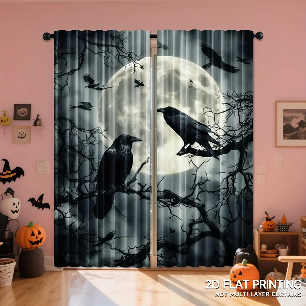 Vintage Horror Raven Twig Giant Moon Print Blackout Rod Pocket Curtain Gray Mysterious Zen Halloween Homestay Bedroom Rest Bay