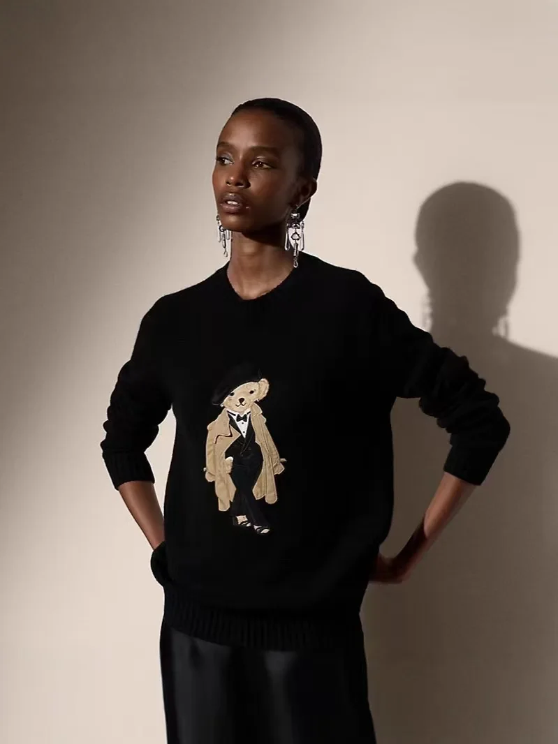 Embroidered Cartoon Bear Y2K Long Sleeve Sweater - Image 3