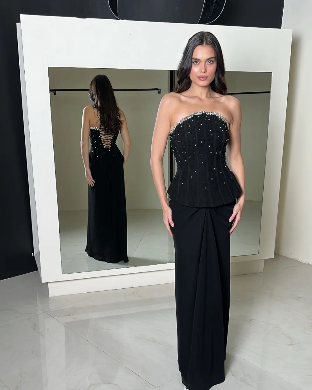 

Индивидуальные черные вечерние платья-русалка без бретелек с замысловатой вышивкой, пайетками и складками, в стиле ретро, для женщин