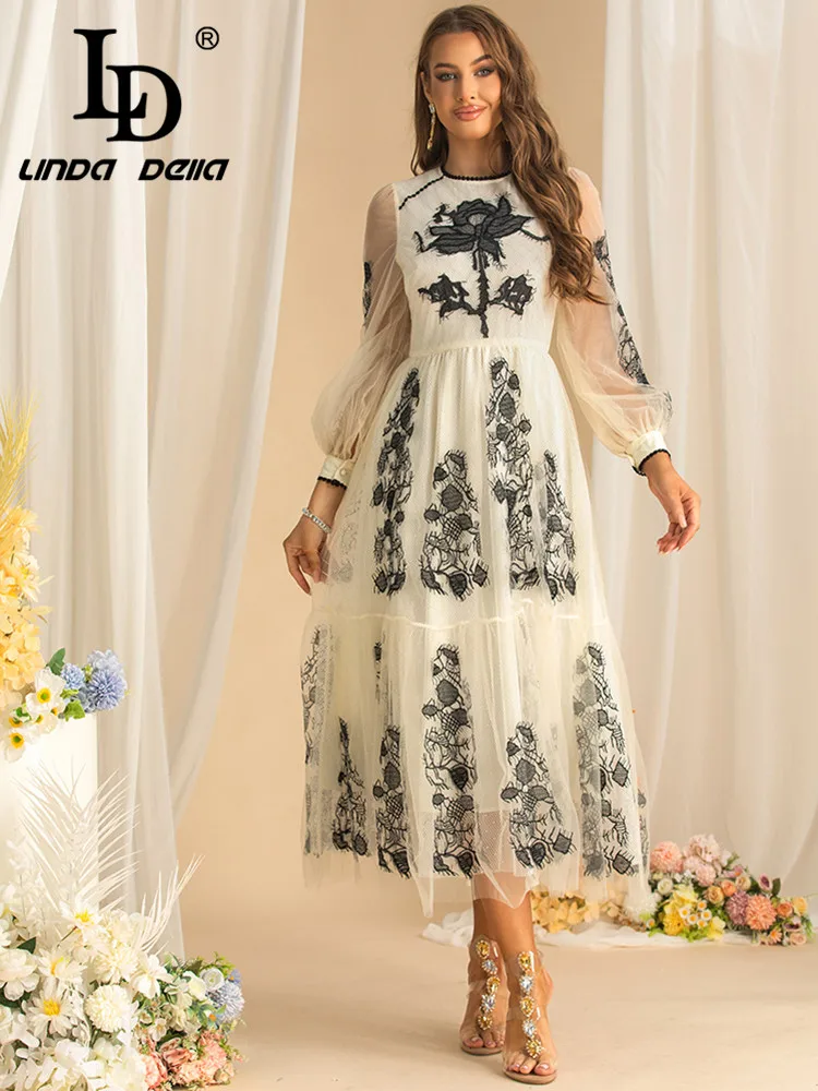 LD LINDA DELLA Mesh Embroidery Design Women's Dress Lantern Sleeved High waist New Fashion Big Swing Autumn Dresses