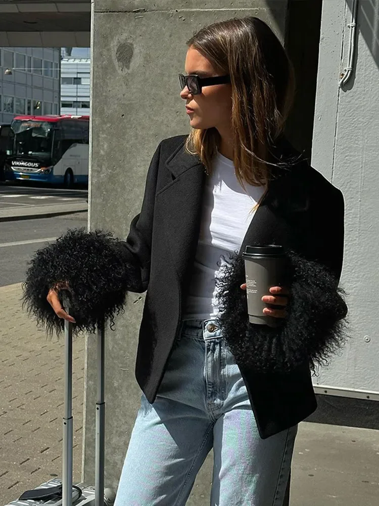 Elegant Fluffy Feather Patchwork Cuff Blends Patch Jacket Women Chic Long Sleeves Button Pocket Coat New Lady Commute Outerwear