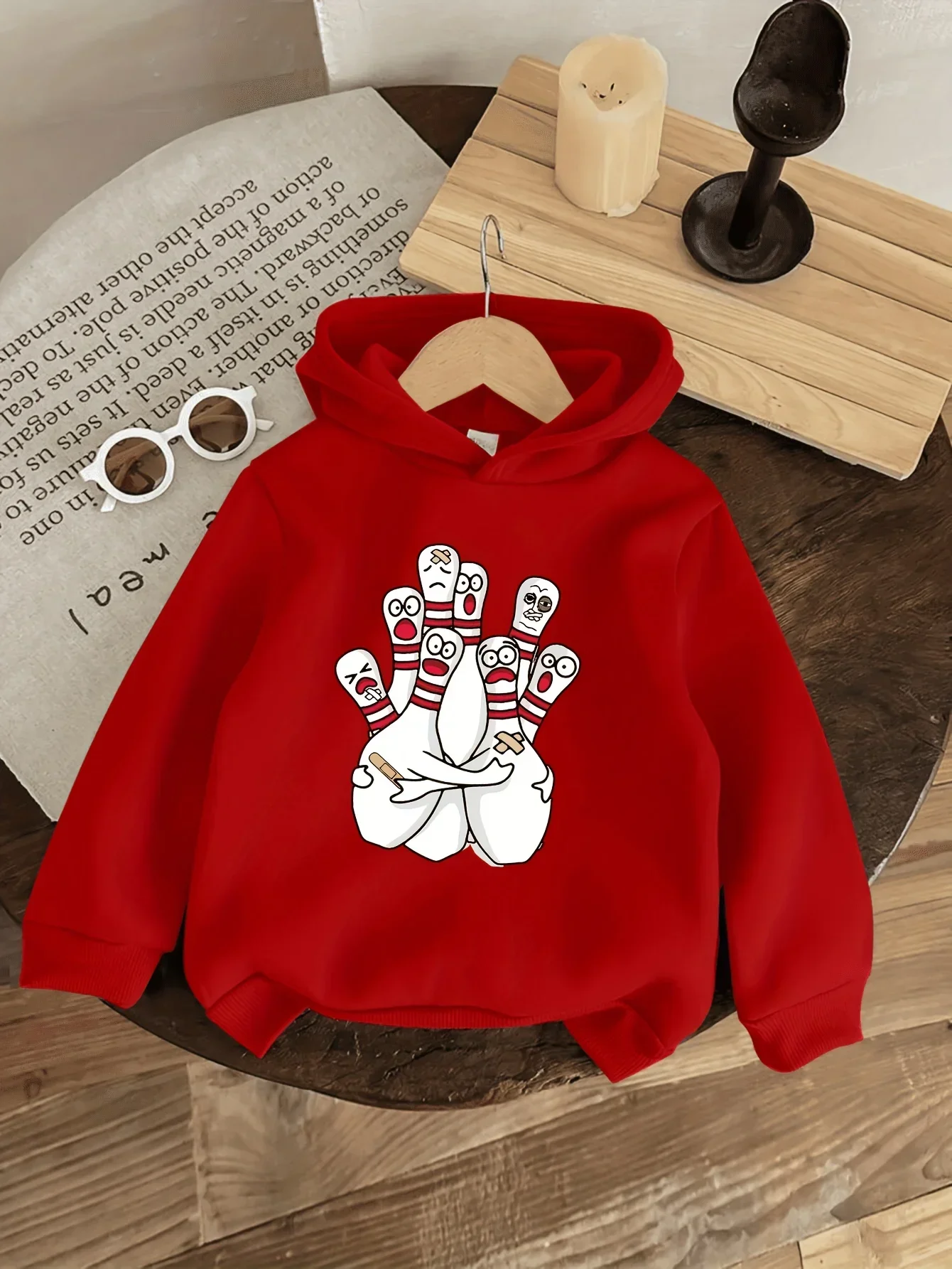 Kids Hoodie Autumn Winter Fleece Funny Cartoon Bowling Graphic Pullover Sweatshirt Casual Warm Long Sleeve Hooded Sweatshirt