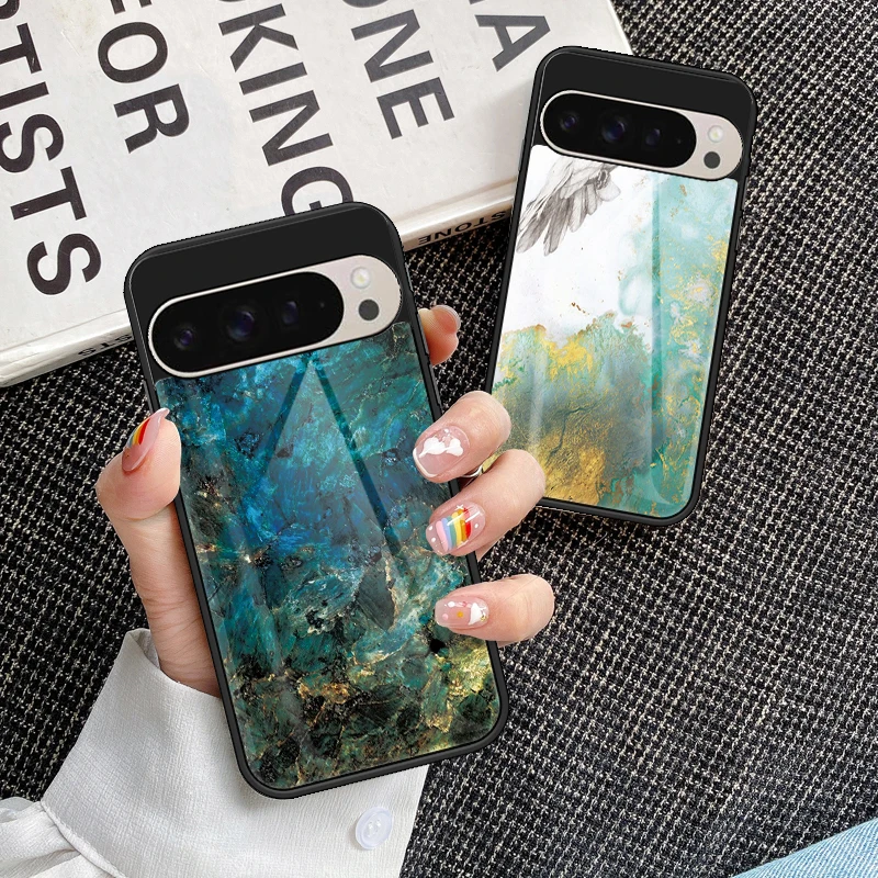 Shockproof Stone Marble Tempered Glass Case For Google Pixel 9 Pro 8A 8 7A 7 6A, Anti-Scratch Slim Smooth Hard Phone Cover Funda