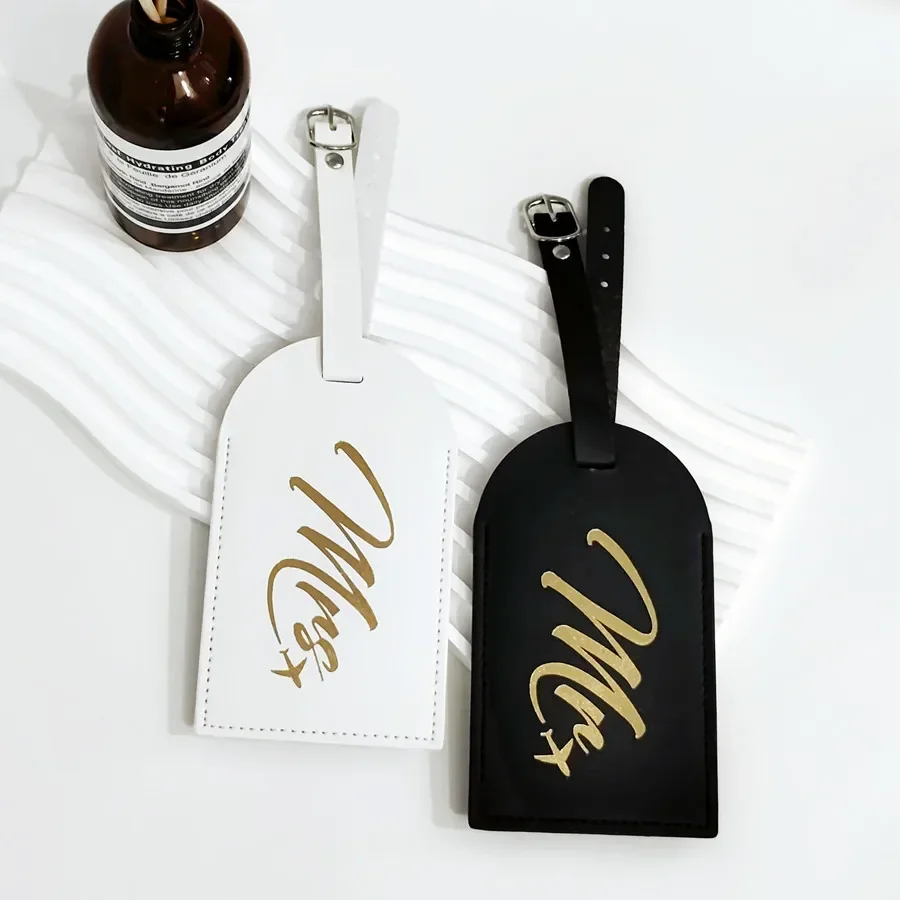 2 unids/set Mr Mrs parejas etiqueta de equipaje etiqueta de maleta colgante con tarjetas de identificación de nombre accesorios de viaje de cuero PU antipérdida para vuelo