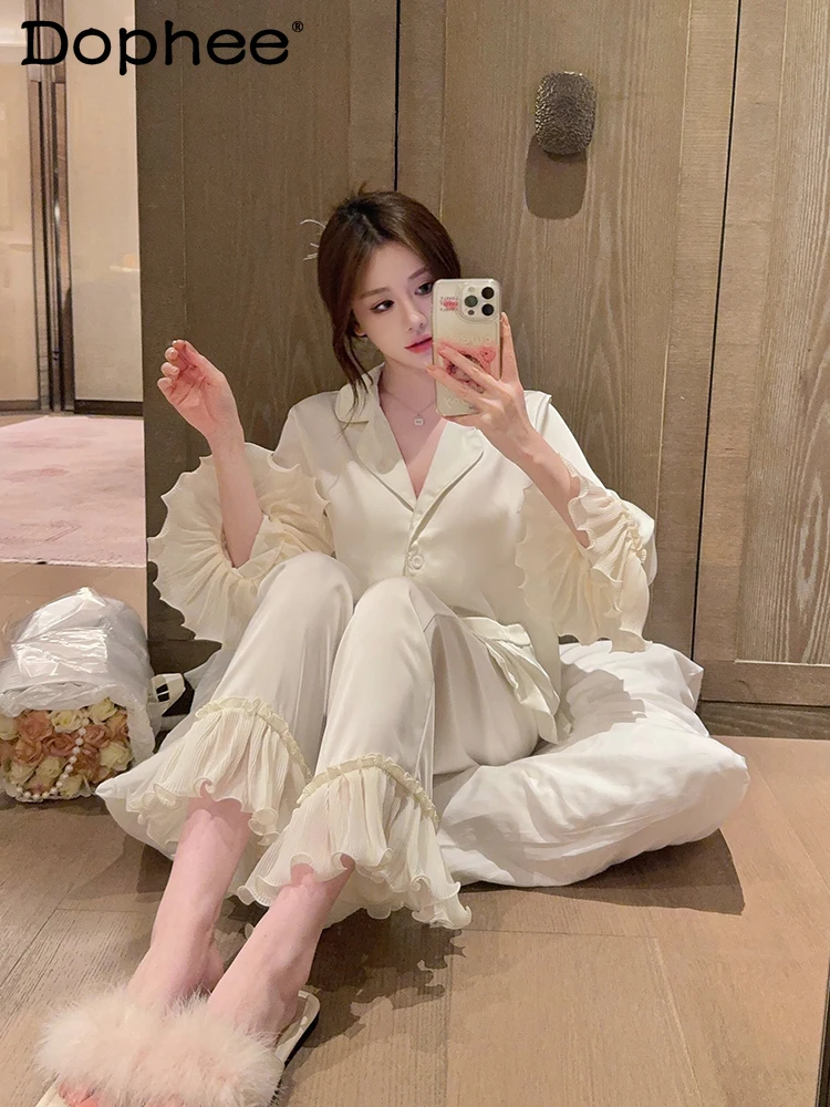 

2025 New Sweet Pajamas for Women, Spring and Autumn Ice Silk Long Sleeve Turn-Down Collar Casual Comfortable Wearable Homewear