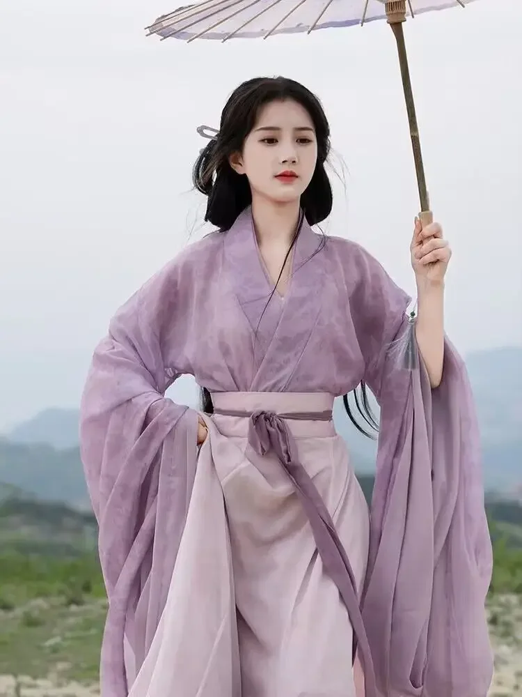 ชุด Hanfu ผู้หญิงจีนโบราณ3ชิ้นชุดนางฟ้า2023ชุดคอสเพลย์ผู้หญิงฤดูร้อนชุดเดรสเต้นรำ Hanfu สีม่วงชุด3ชิ้น