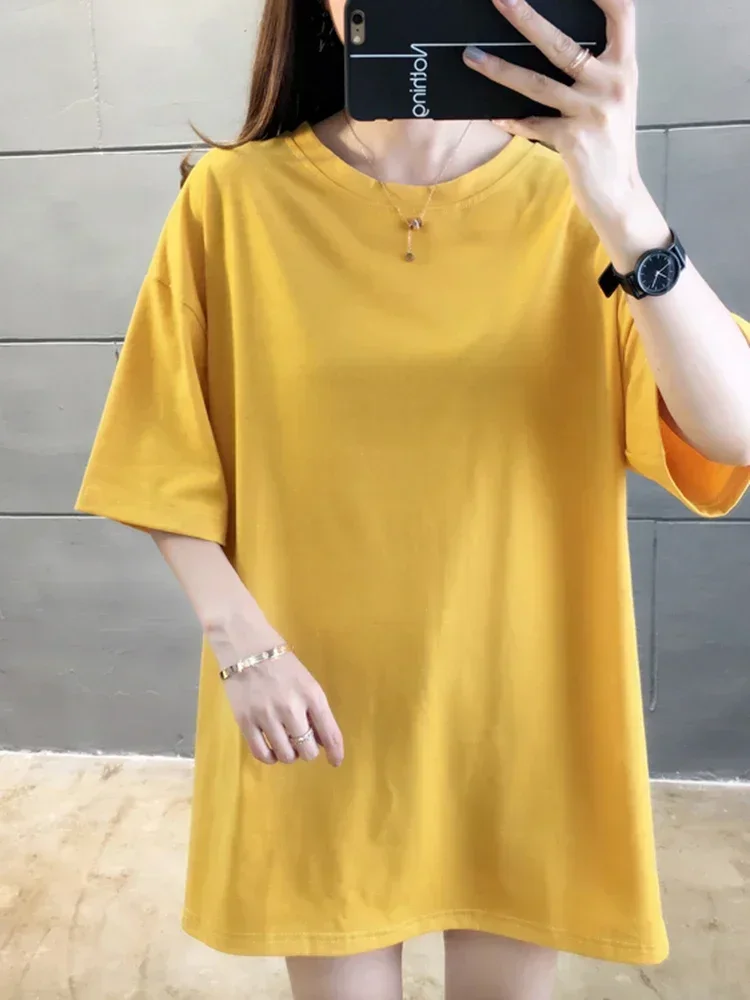 Women's Large Size Short-sleeved Long T-shirt Lower Body Missing T-shirt Cotton Loose Thin Fashion Section Tees Female Top WA375