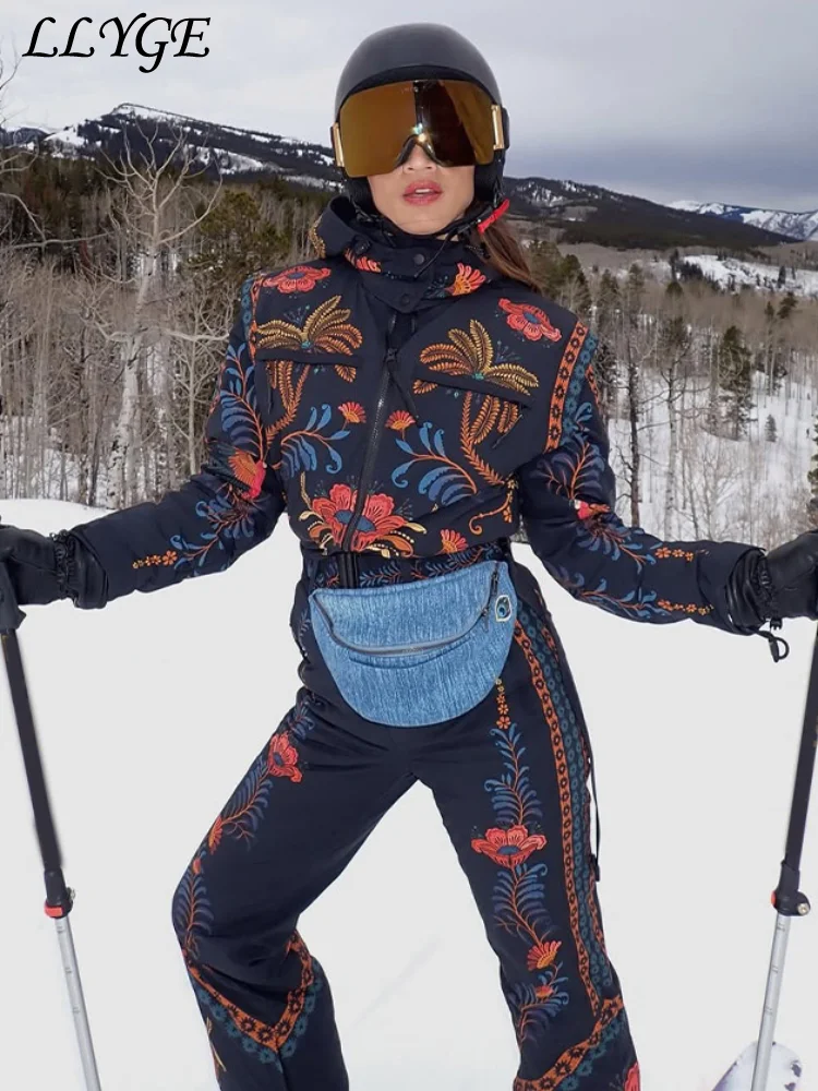 Printed Hooded One Piece Women's Winter Ski Suits Belt Stand Collar High Waist Pockets Overall Jumpsuits 2026 Lady Warm Skiwear