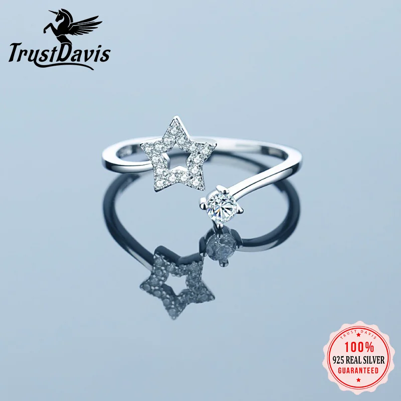 

TrustDavis New 925 Sterling Silver Fashionable Star Adjustable Zircon Ring for Women Silver 925 Ring Jewelry DS4763