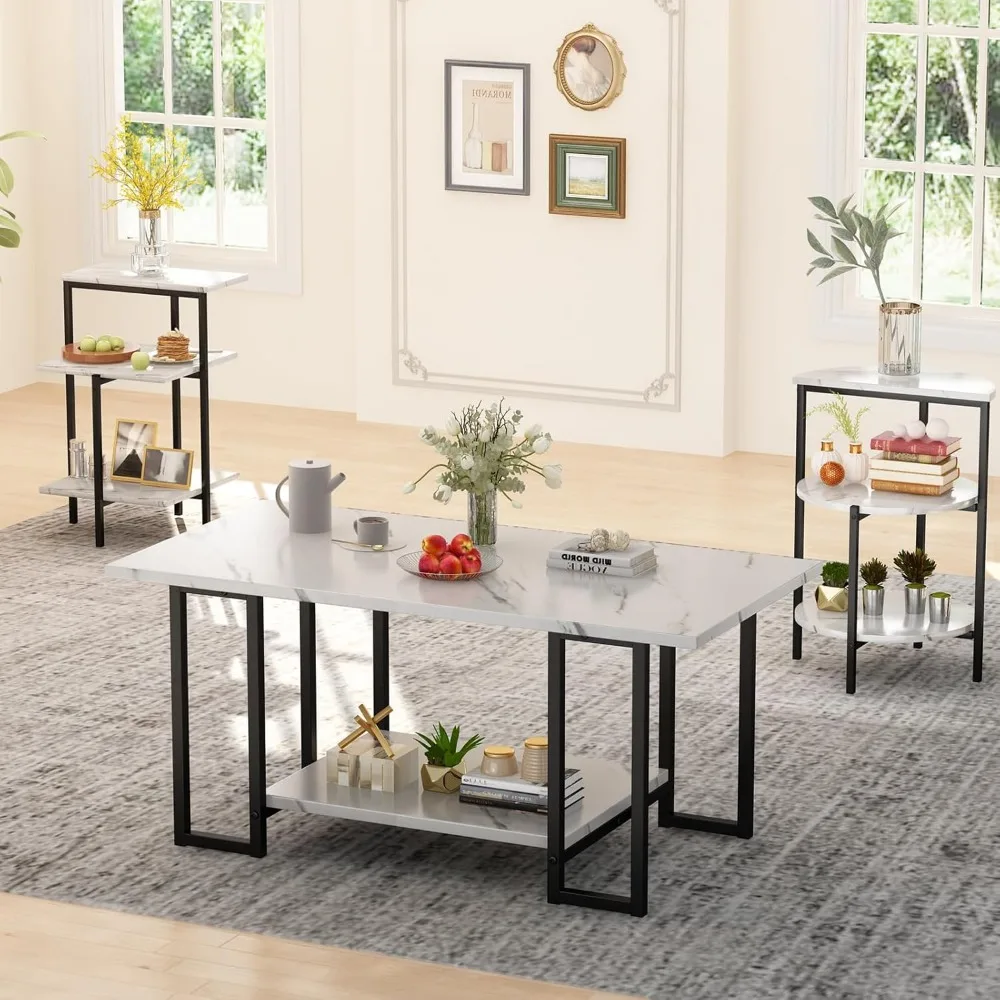 3-Piece Lamerge Coffee Table Set: Rectangular Table with Two Faux Marble Accent Tables for Living Room