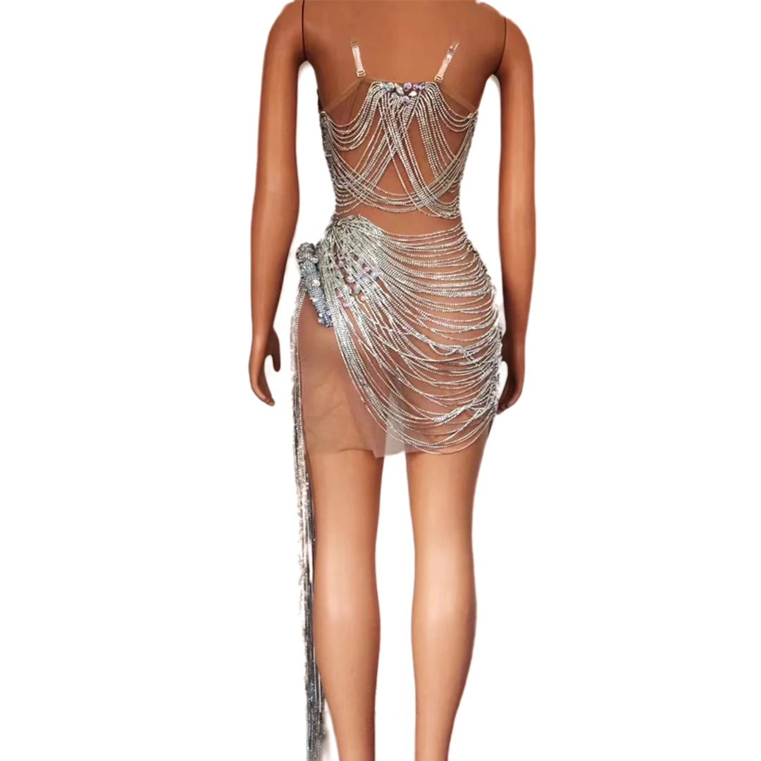 Women Celebrate Birthday Evening Gown Dress Prom Outfit Sexy Show Stage Wear Sparkly Rhinestones Fringes Mesh See Through Dress