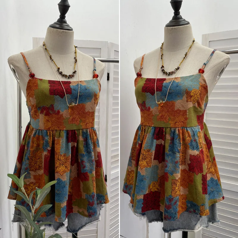 Vacation Style Oil Painting Print Cami Top Slim Fit Sleeveless Tank Top, Fashion Spaghetti Strap Camisole Beach  Outfits 1220
